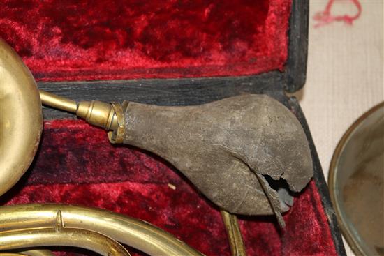 A cased horn, a French horn, a banjo etc (4)